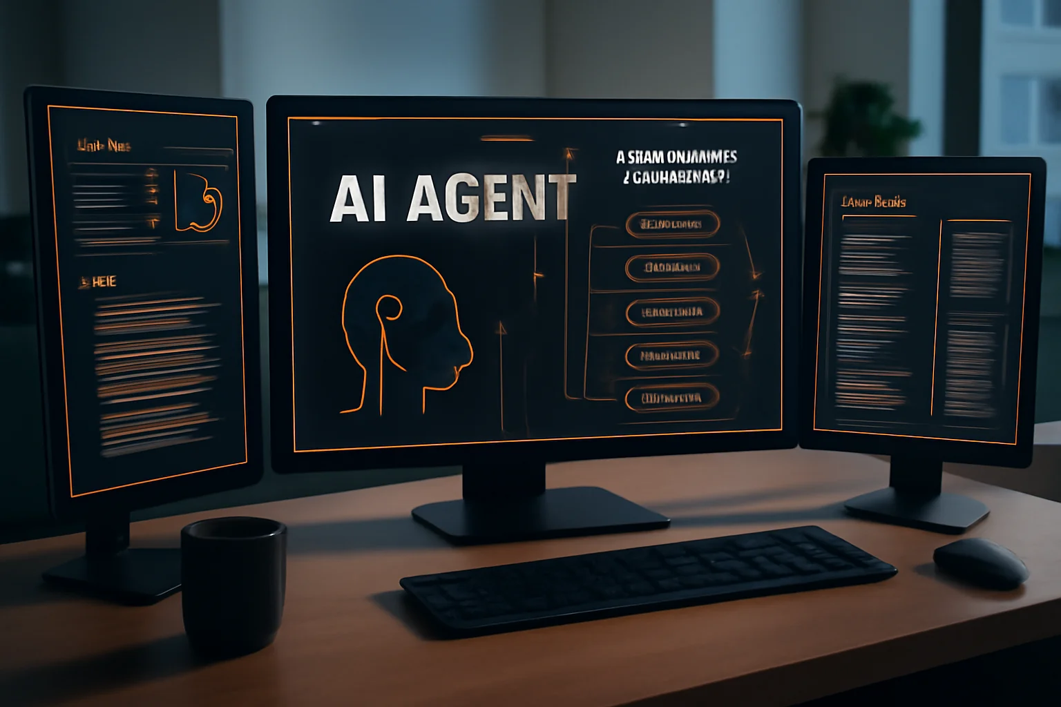 Interface IA agentique sur ecran avec flux execution autonome