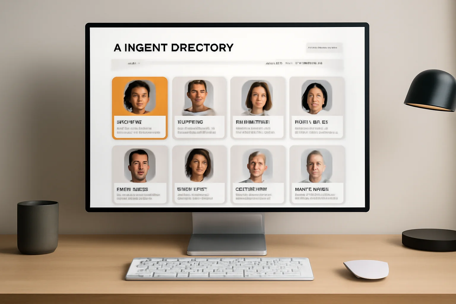 Annuaire agents IA sur ecran avec grille cartes et filtres